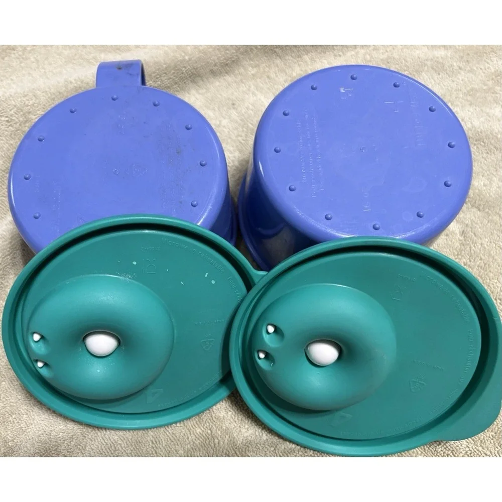 2-Tupperware Crystalwave 16oz Microwave Soup Bowls/Mugs-Blue w/Green Vented Lids